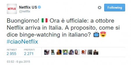 Netflix tweet ufficiale arrivo in italia